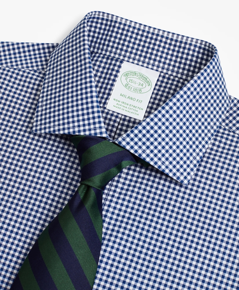 Stretch Milano Slim-Fit Dress Shirt, Non-Iron Poplin English Collar Gingham, image 2