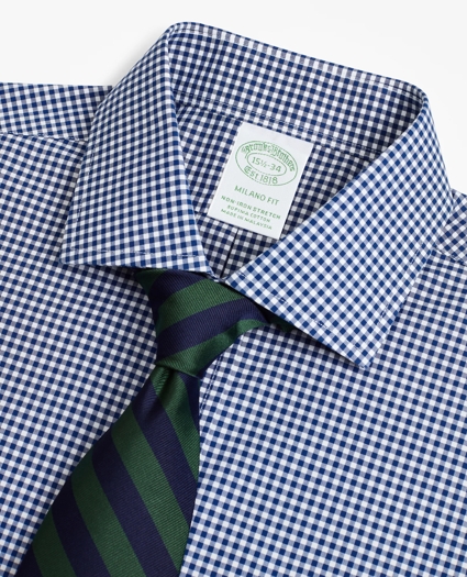 Stretch Milano Slim-Fit Dress Shirt, Non-Iron Poplin English Collar Gingham, image 2