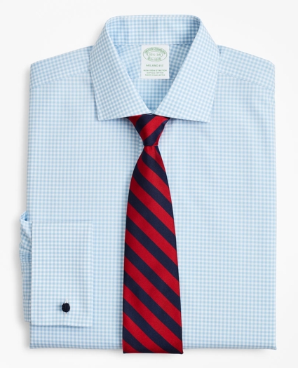 Stretch Milano Slim-Fit Dress Shirt, Non-Iron Poplin English Collar French Cuff Gingham, image 1