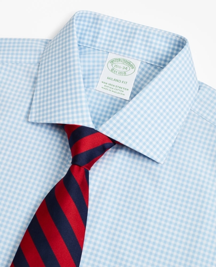 Stretch Milano Slim-Fit Dress Shirt, Non-Iron Poplin English Collar French Cuff Gingham, image 2