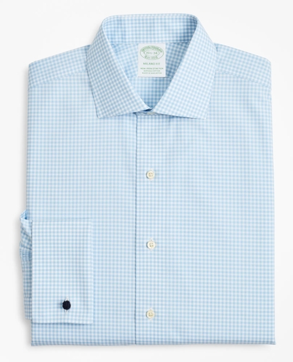 Stretch Milano Slim-Fit Dress Shirt, Non-Iron Poplin English Collar French Cuff Gingham, image 4