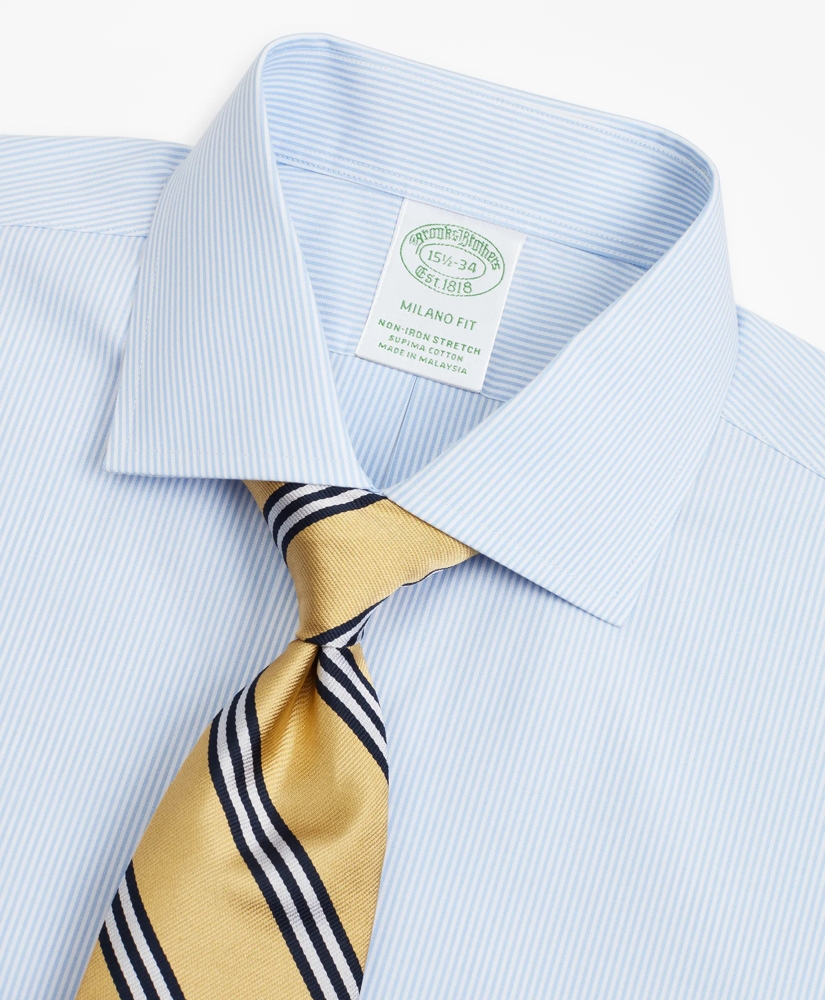 Stretch Milano Slim-Fit Dress Shirt, Non-Iron Poplin English Collar Fine Stripe, image 2