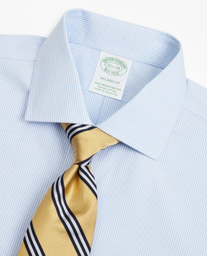 Stretch Milano Slim-Fit Dress Shirt, Non-Iron Poplin English Collar Fine Stripe, image 2