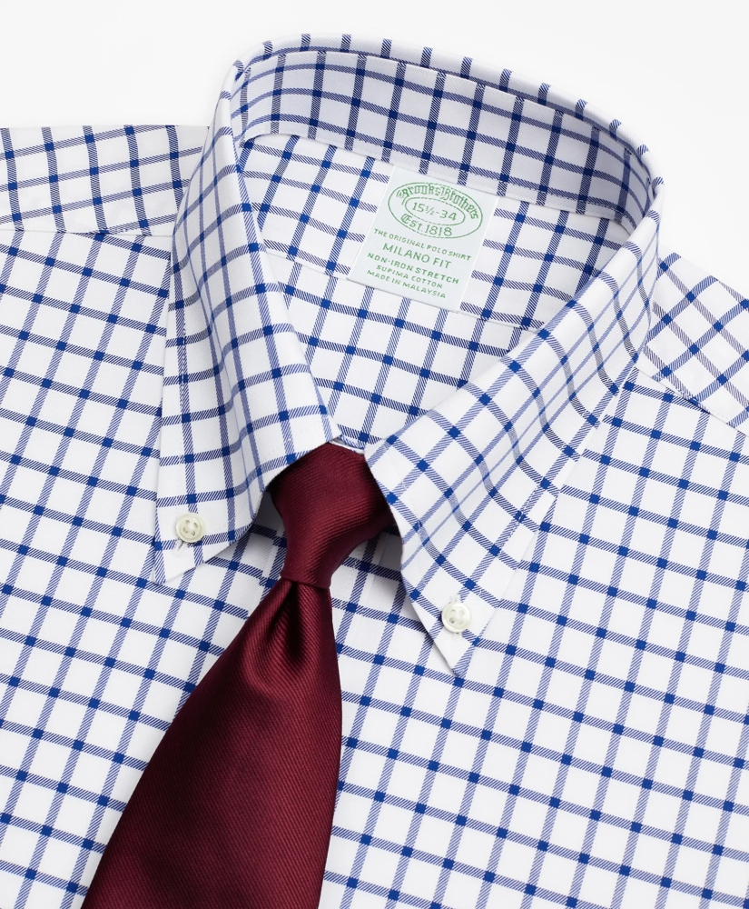 Stretch Milano Slim-Fit Dress Shirt, Non-Iron Twill Button-Down Collar Grid Check, image 2