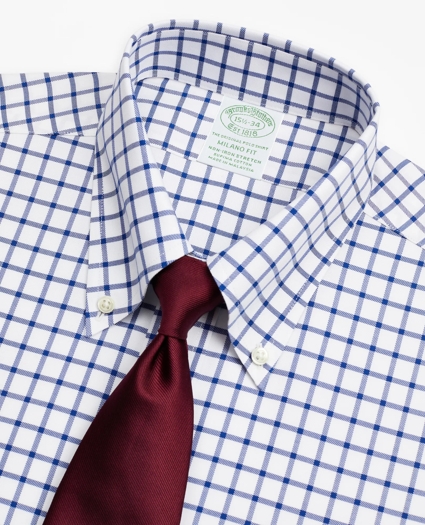 Stretch Milano Slim-Fit Dress Shirt, Non-Iron Twill Button-Down Collar Grid Check, image 2