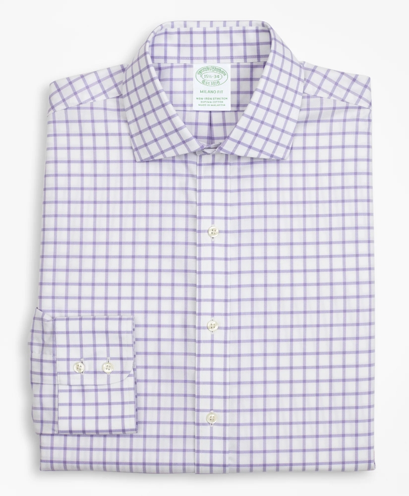 Stretch Milano Slim-Fit Dress Shirt, Non-Iron Twill English Collar Grid Check, image 4