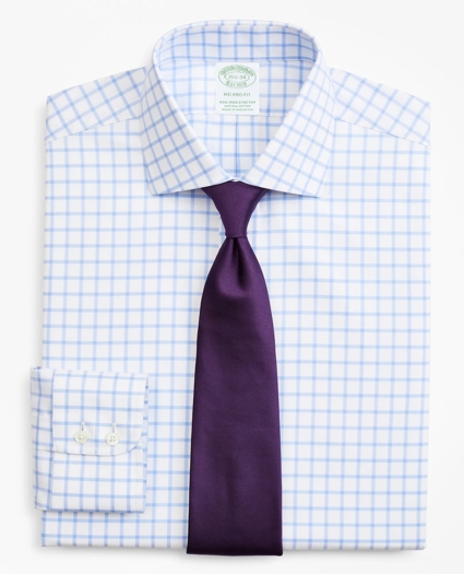 Stretch Milano Slim-Fit Dress Shirt, Non-Iron Twill English Collar Grid Check, image 1