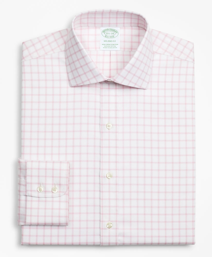 Stretch Milano Slim-Fit Dress Shirt, Non-Iron Twill English Collar Grid Check, image 4