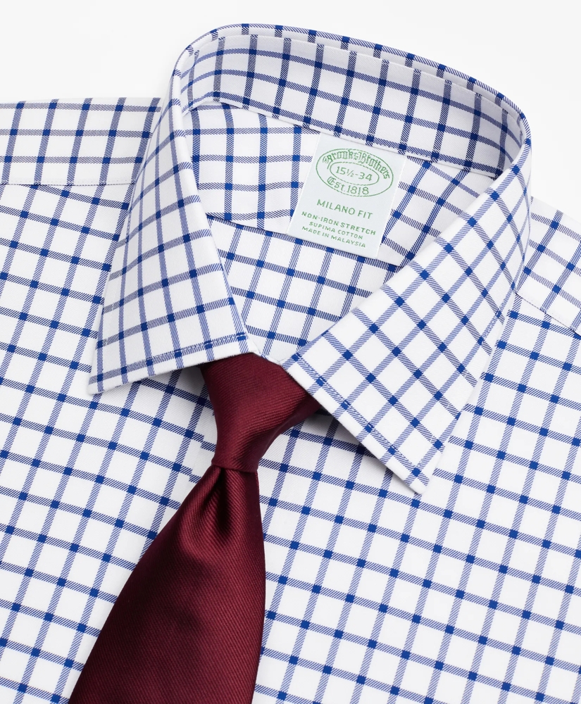 Stretch Milano Slim-Fit Dress Shirt, Non-Iron Twill Ainsley Collar French Cuff Grid Check, image 2