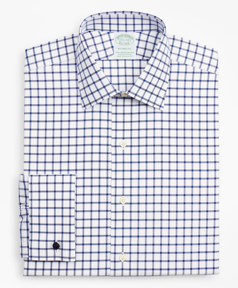 Stretch Milano Slim-Fit Dress Shirt, Non-Iron Twill Ainsley Collar French Cuff Grid Check, image 4