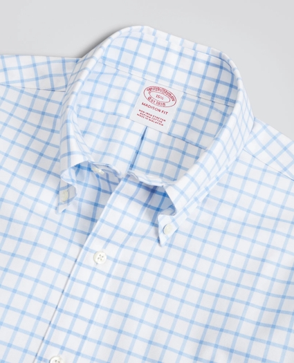Stretch Madison Relaxed-Fit Dress Shirt, Non-Iron Twill Short-Sleeve Grid Check, image 2