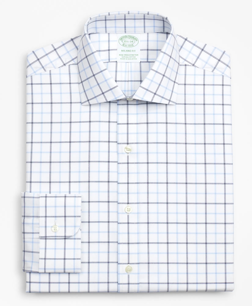 Stretch Milano Slim-Fit Dress Shirt, Non-Iron Poplin English Collar Double-Grid Check, image 4