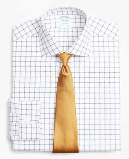 Stretch Milano Slim-Fit Dress Shirt, Non-Iron Poplin English Collar Double-Grid Check, image 1