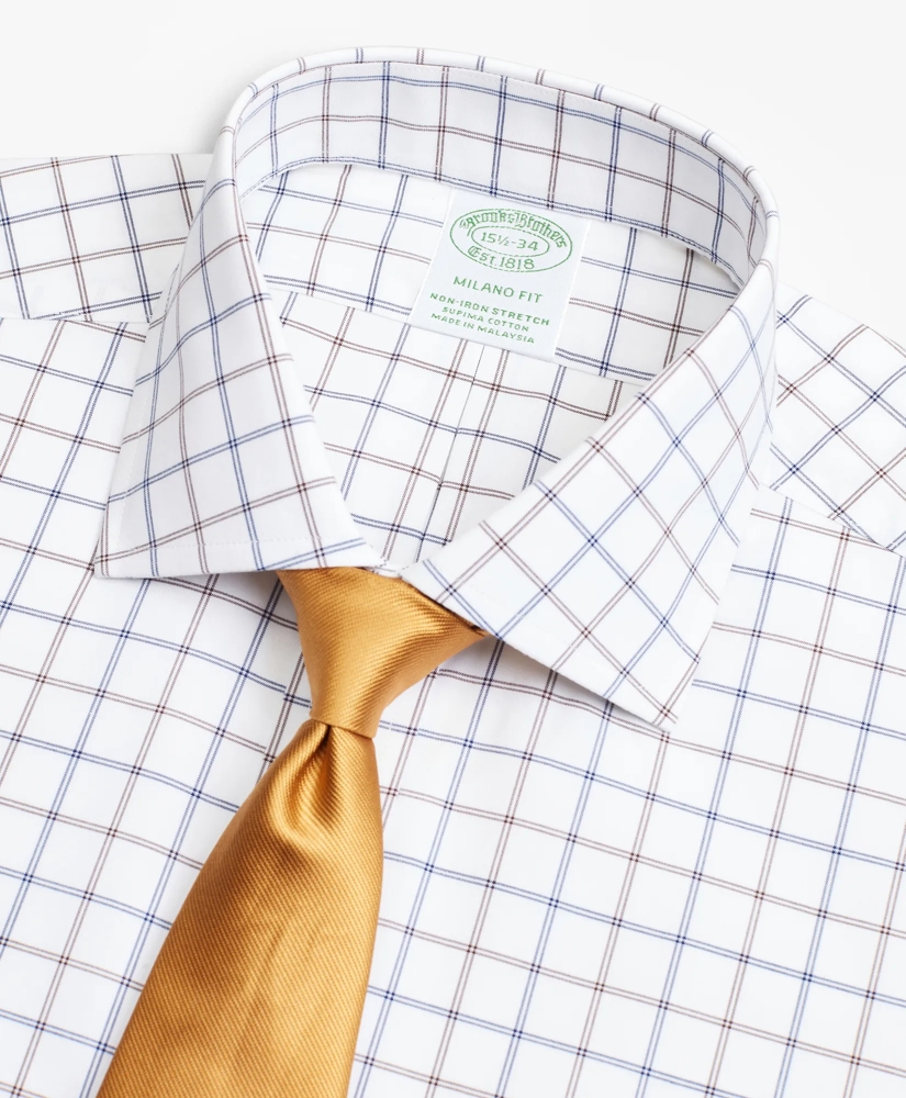 Stretch Milano Slim-Fit Dress Shirt, Non-Iron Poplin English Collar Double-Grid Check, image 2
