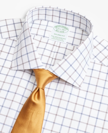 Stretch Milano Slim-Fit Dress Shirt, Non-Iron Poplin English Collar Double-Grid Check, image 2