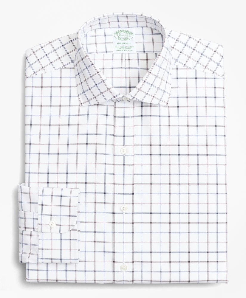 Stretch Milano Slim-Fit Dress Shirt, Non-Iron Poplin English Collar Double-Grid Check, image 4