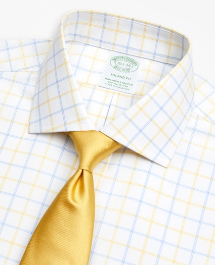 Stretch Milano Slim-Fit Dress Shirt, Non-Iron Poplin English Collar Double-Grid Check, image 2