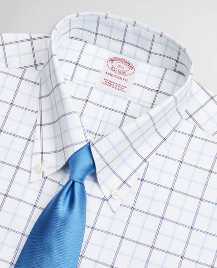 Stretch Madison Relaxed-Fit Dress Shirt, Non-Iron Twill Short-Sleeve Double-Grid Checkk, image 2