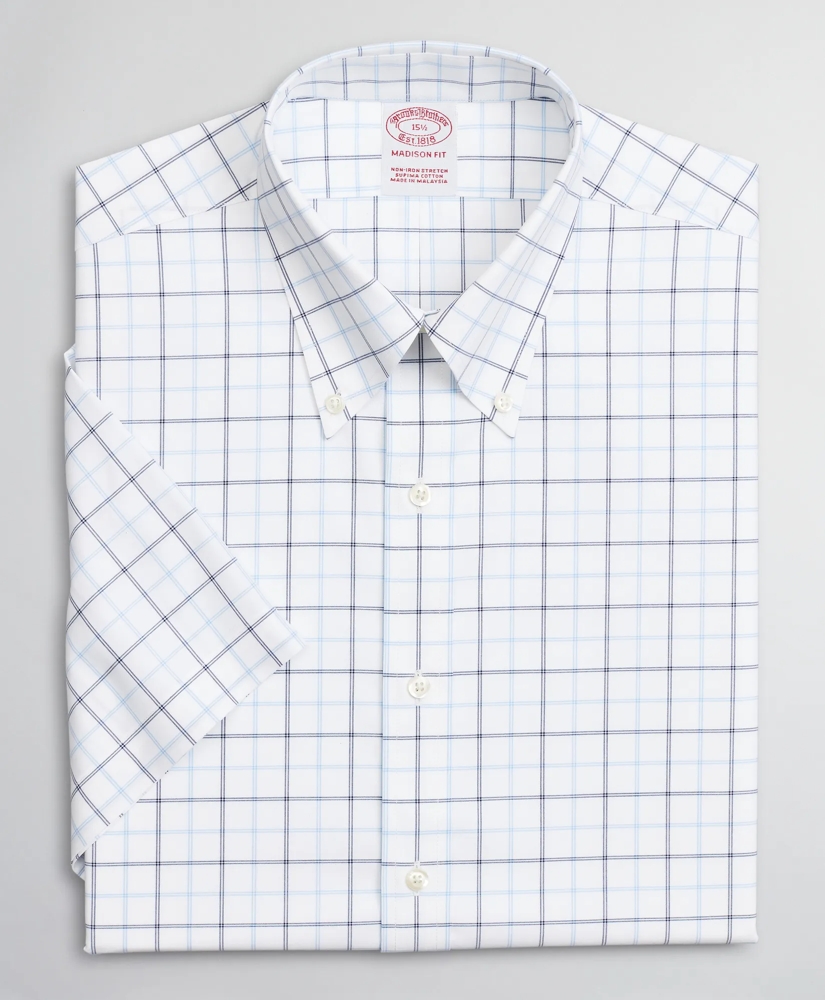 Stretch Madison Relaxed-Fit Dress Shirt, Non-Iron Twill Short-Sleeve Double-Grid Checkk, image 4