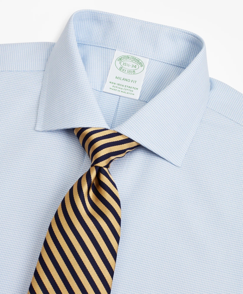 Stretch Milano Slim-Fit Dress Shirt, Non-Iron Twill English Collar French Cuff Micro-Check, image 2