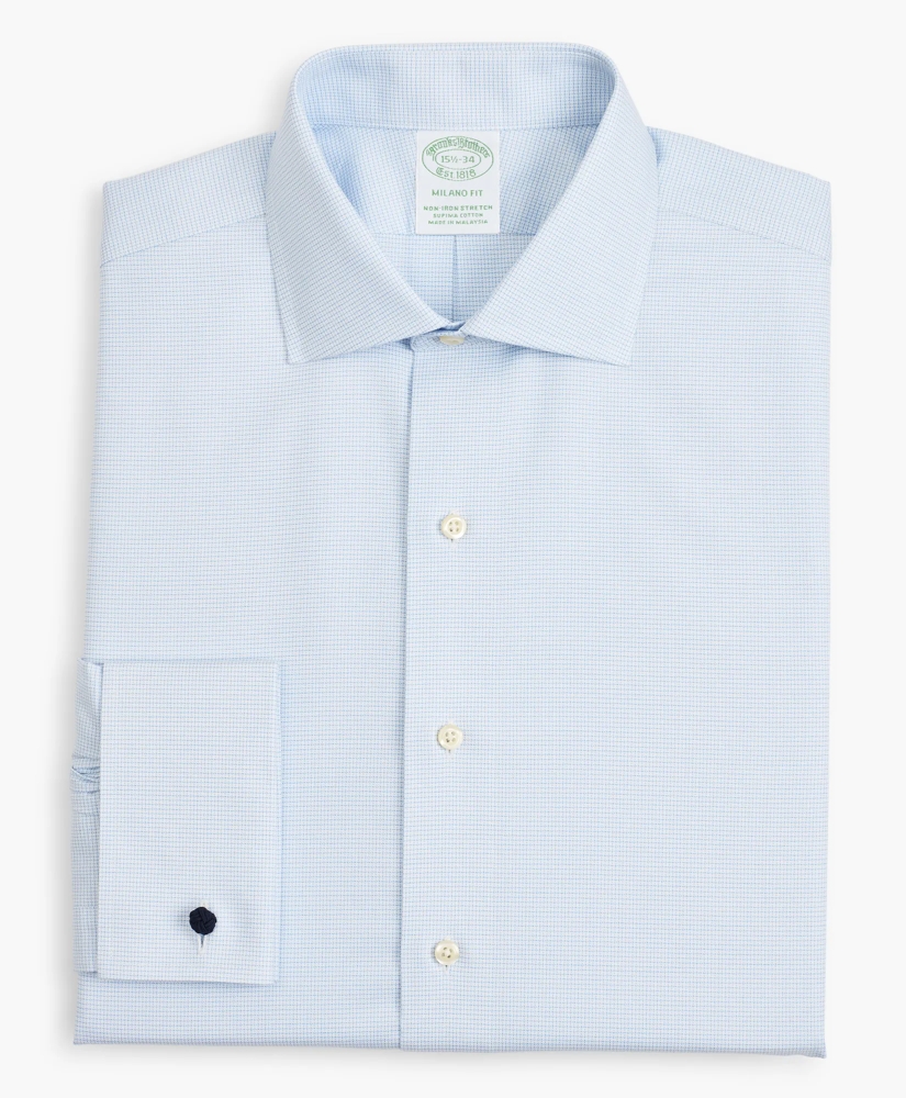 Stretch Milano Slim-Fit Dress Shirt, Non-Iron Twill English Collar French Cuff Micro-Check, image 4
