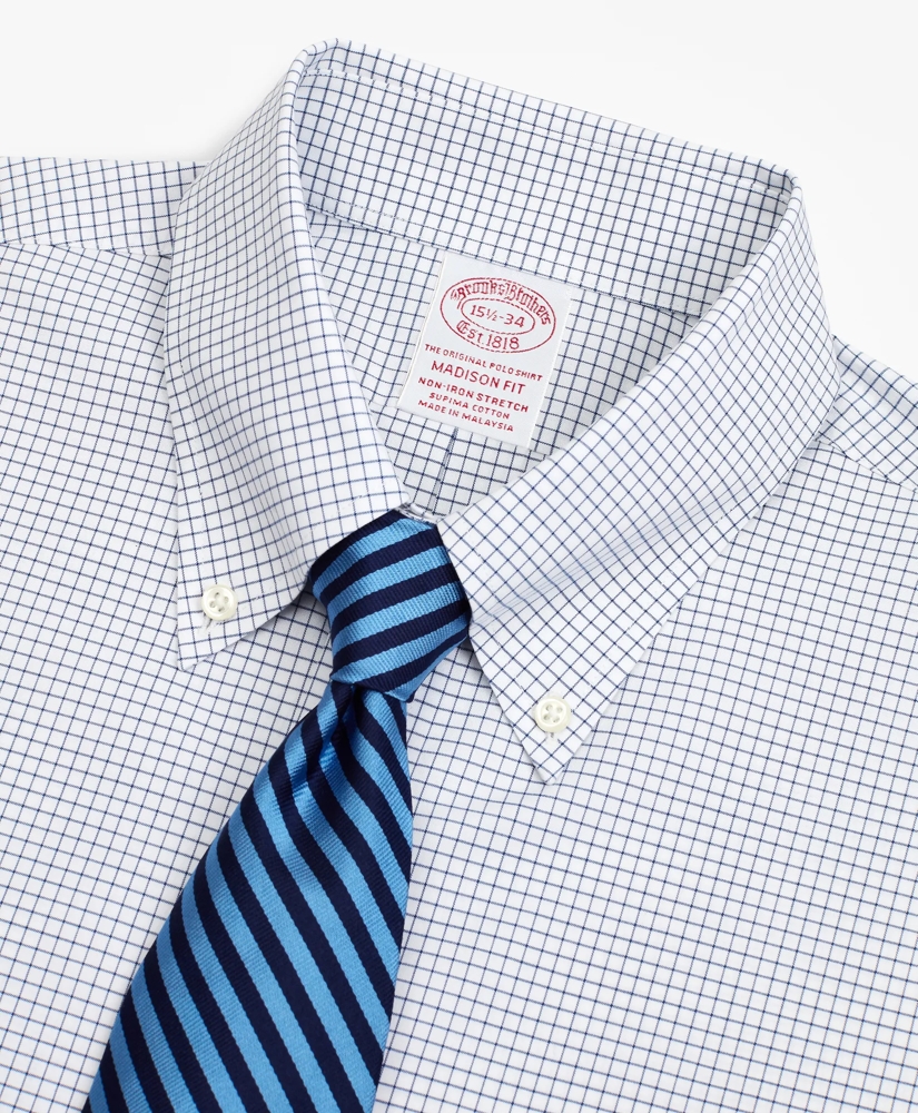 Stretch Madison Relaxed-Fit Dress Shirt, Non-Iron Poplin Button-Down Collar Small Grid Check, image 2