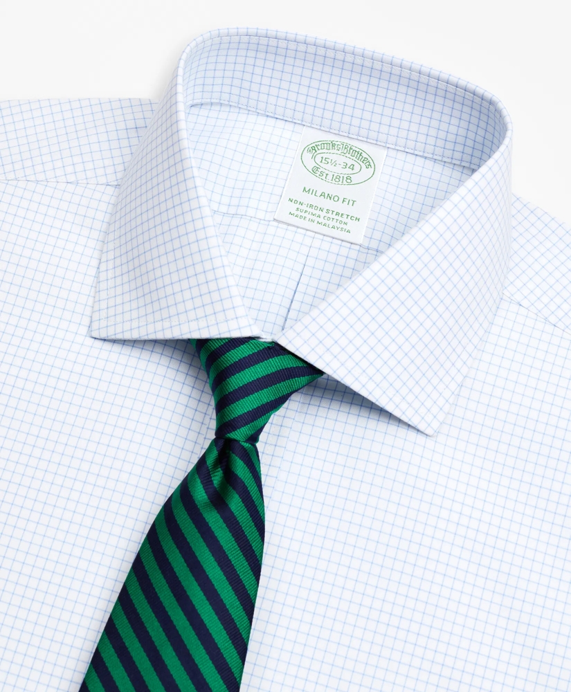 Stretch Milano Slim-Fit Dress Shirt, Non-Iron Poplin English Collar Small Grid Check, image 2
