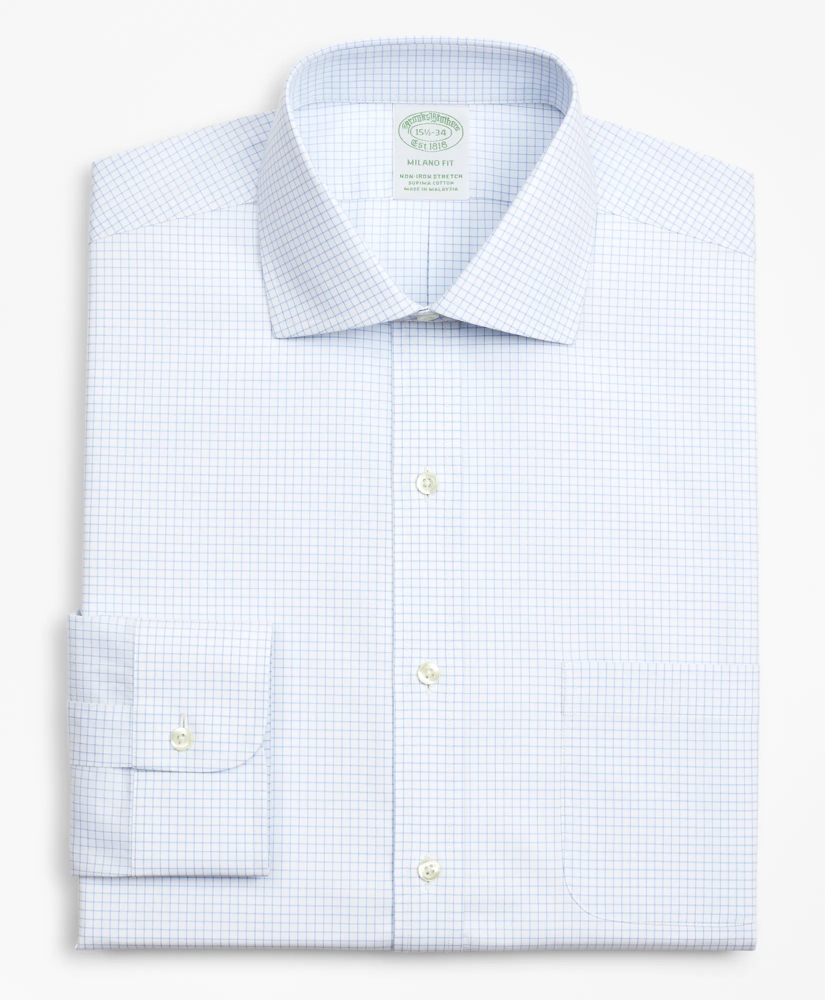 Stretch Milano Slim-Fit Dress Shirt, Non-Iron Poplin English Collar Small Grid Check, image 4