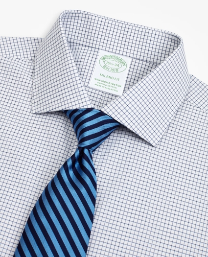 Stretch Milano Slim-Fit Dress Shirt, Non-Iron Poplin English Collar Small Grid Check, image 2