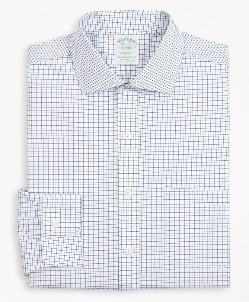 Stretch Milano Slim-Fit Dress Shirt, Non-Iron Poplin English Collar Small Grid Check, image 4