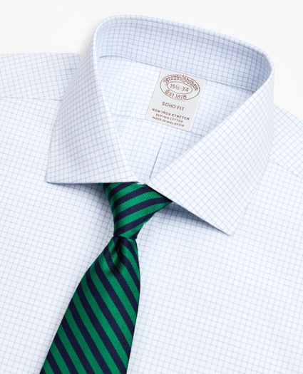Stretch Soho Extra-Slim-Fit Dress Shirt, Non-Iron Poplin English Collar Small Grid Check, image 2