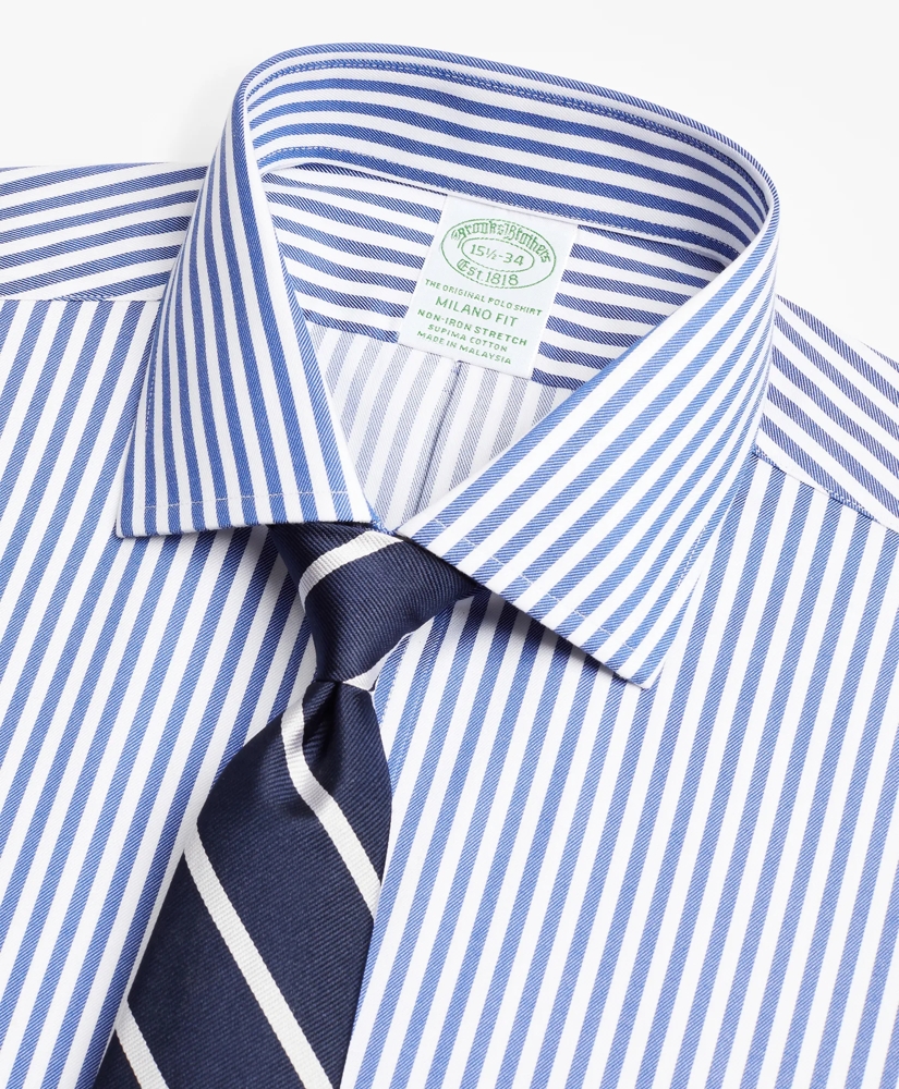Stretch Milano Slim-Fit Dress Shirt, Non-Iron Twill English Collar Bold Stripe, image 2