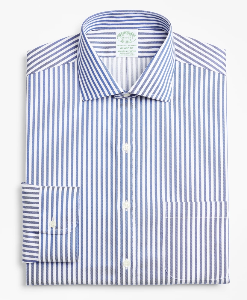 Stretch Milano Slim-Fit Dress Shirt, Non-Iron Twill English Collar Bold Stripe, image 4