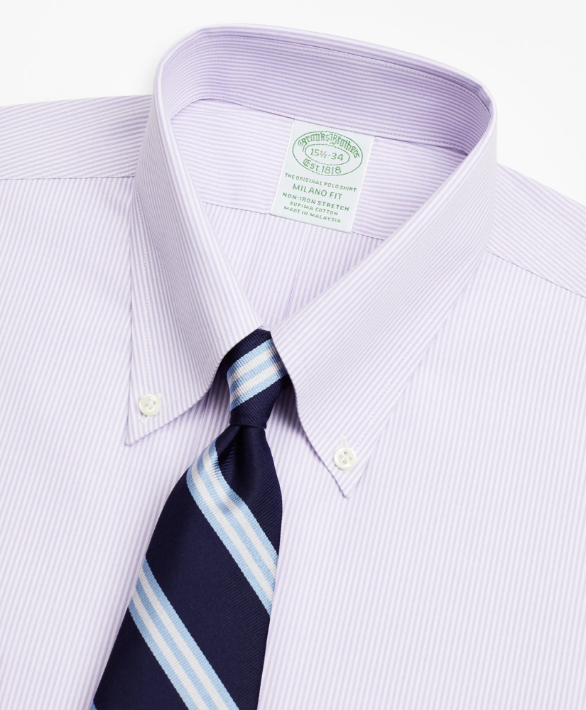 Stretch Milano Slim-Fit Dress Shirt, Non-Iron Poplin Button-Down Collar Fine Stripe, image 2