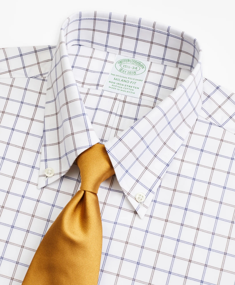 Stretch Milano Slim-Fit Dress Shirt, Non-Iron Poplin Button-Down Collar Double-Grid Check, image 2