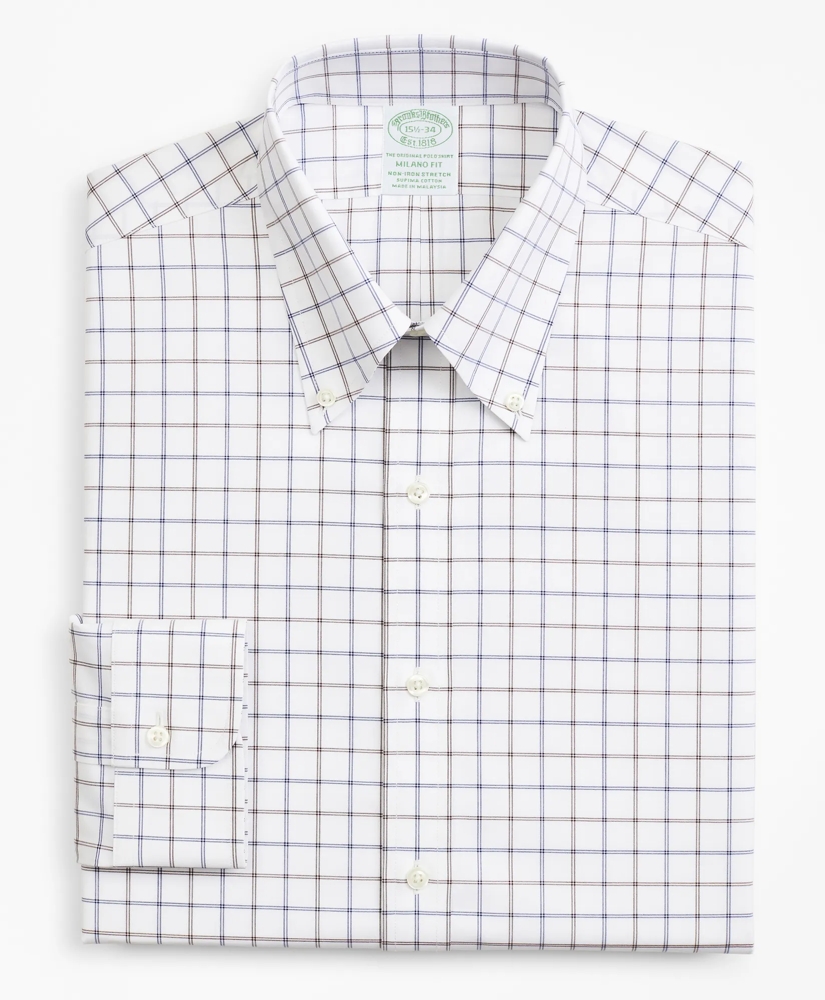 Stretch Milano Slim-Fit Dress Shirt, Non-Iron Poplin Button-Down Collar Double-Grid Check, image 4