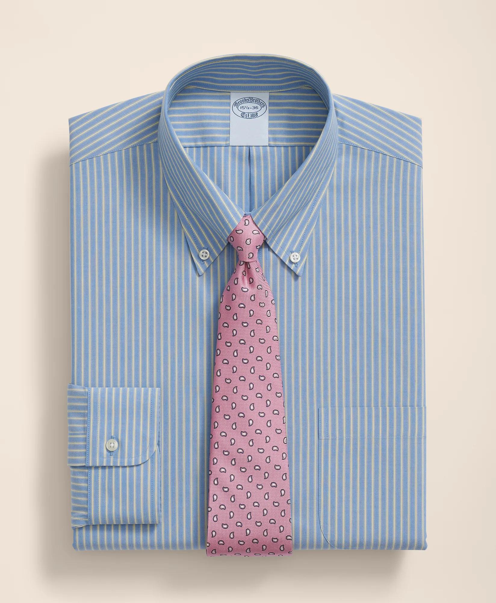Stretch Supima Cotton Non-Iron Broadcloth Polo Button-Down Collar, Striped Dress Shirt