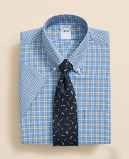 Stretch Supima® Cotton Non-Iron Broadcloth Polo Button-Down Collar, Checked Short-Sleeve Dress Shirt, image 1
