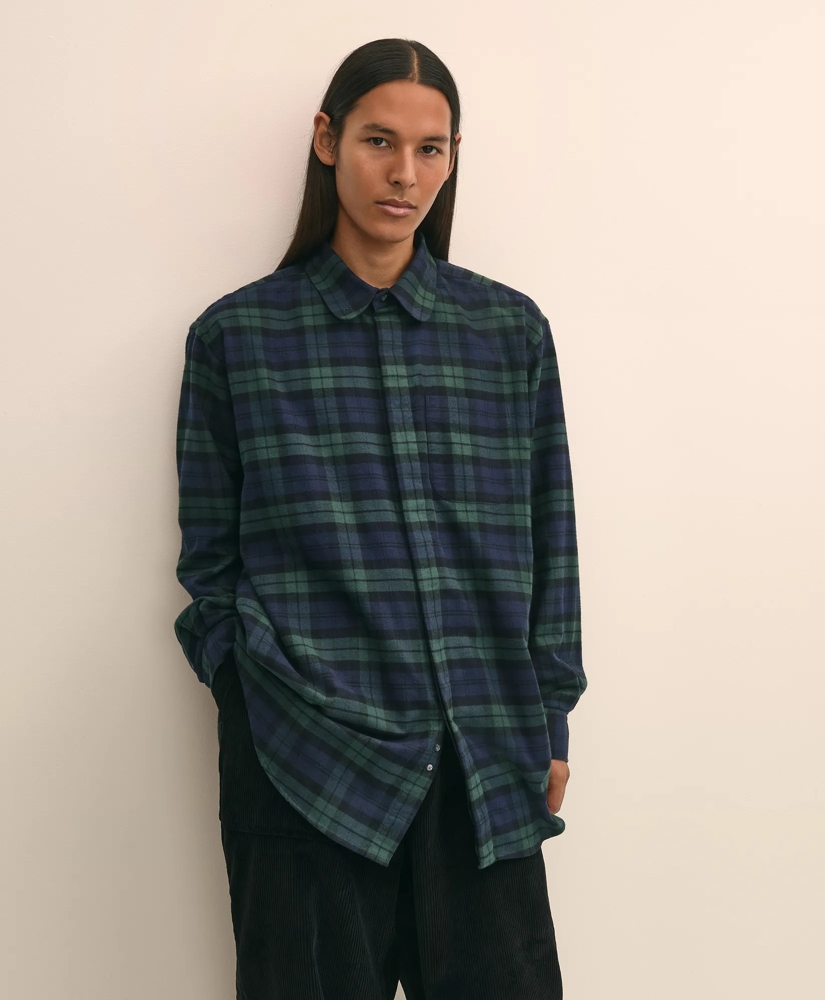 Brooks Brothers X Engineered Garments Cotton Flannel Round Pinhole Collar Oversized, Tartan Dress Shirt