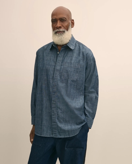 Brooks Brothers X Engineered Garments Cotton Chambray Round Pinhole Collar Oversized Dress Shirt, image 1
