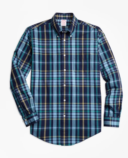 Madison Relaxed-Fit Sport Shirt, Slub Cotton Dark-Blue Plaid, image 1