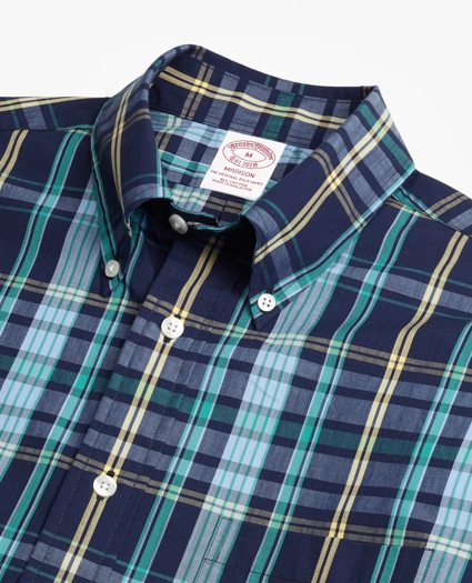 Madison Relaxed-Fit Sport Shirt, Slub Cotton Dark-Blue Plaid, image 2