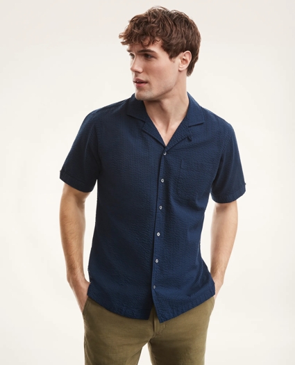 Regent Regular-Fit Sport Shirt, Camp Collar Short-Sleeve Seersucker, image 1