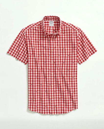 Washed Cotton Poplin Button-Down Collar, Embroidered Gingham Short-Sleeve Sport Shirt, image 1