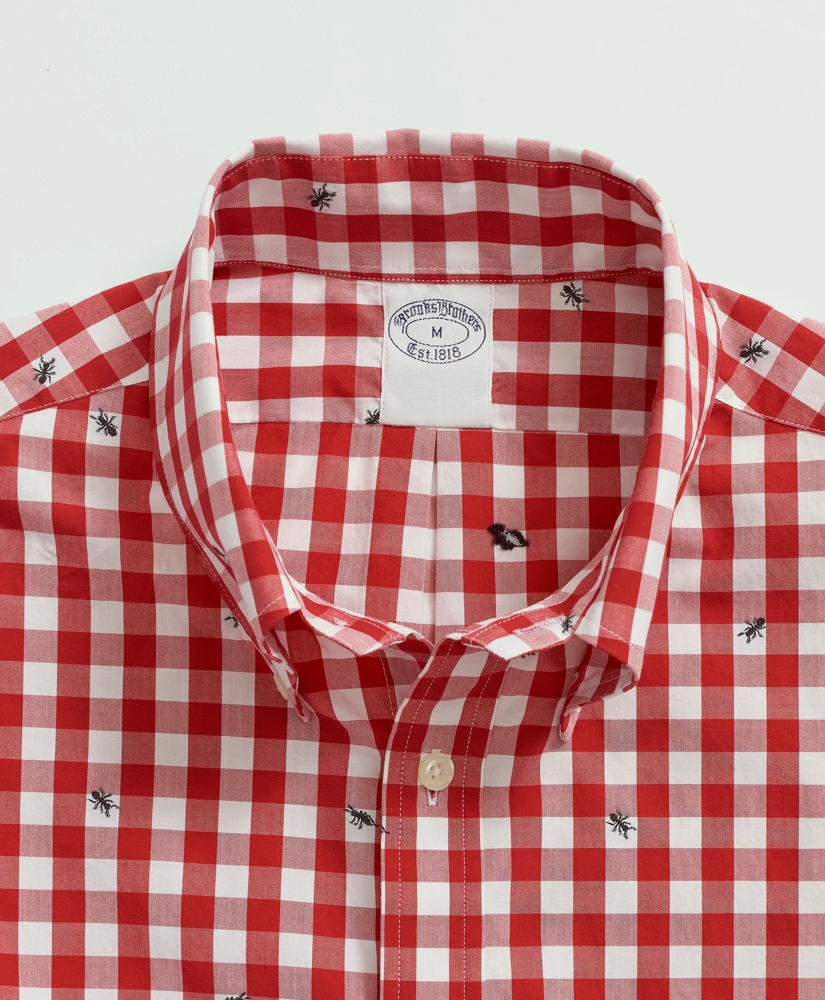 Washed Cotton Poplin Button-Down Collar, Embroidered Gingham Short
