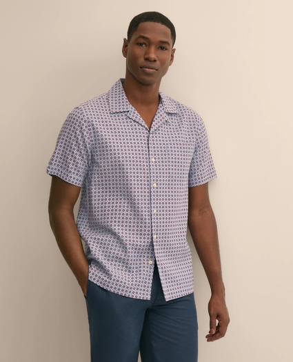 Linen-Cotton Camp Collar, Foulard Short-Sleeve Shirt, image 1