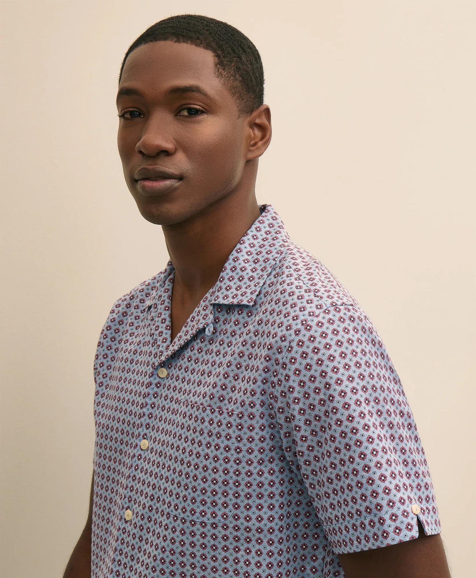 Linen-Cotton Camp Collar, Foulard Short-Sleeve Shirt, image 2