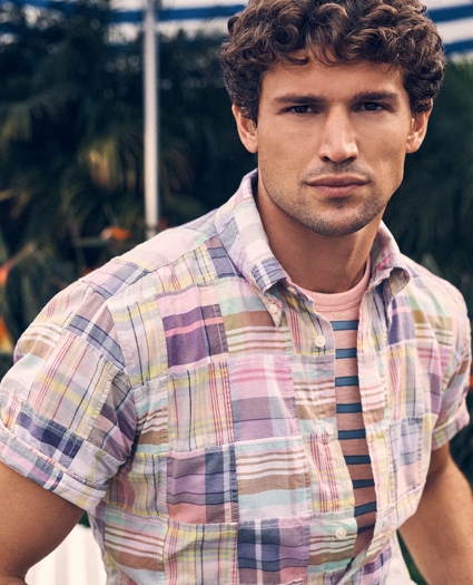 Washed Cotton Madras, Patchwork Short-Sleeve Sport Shirt, image 2