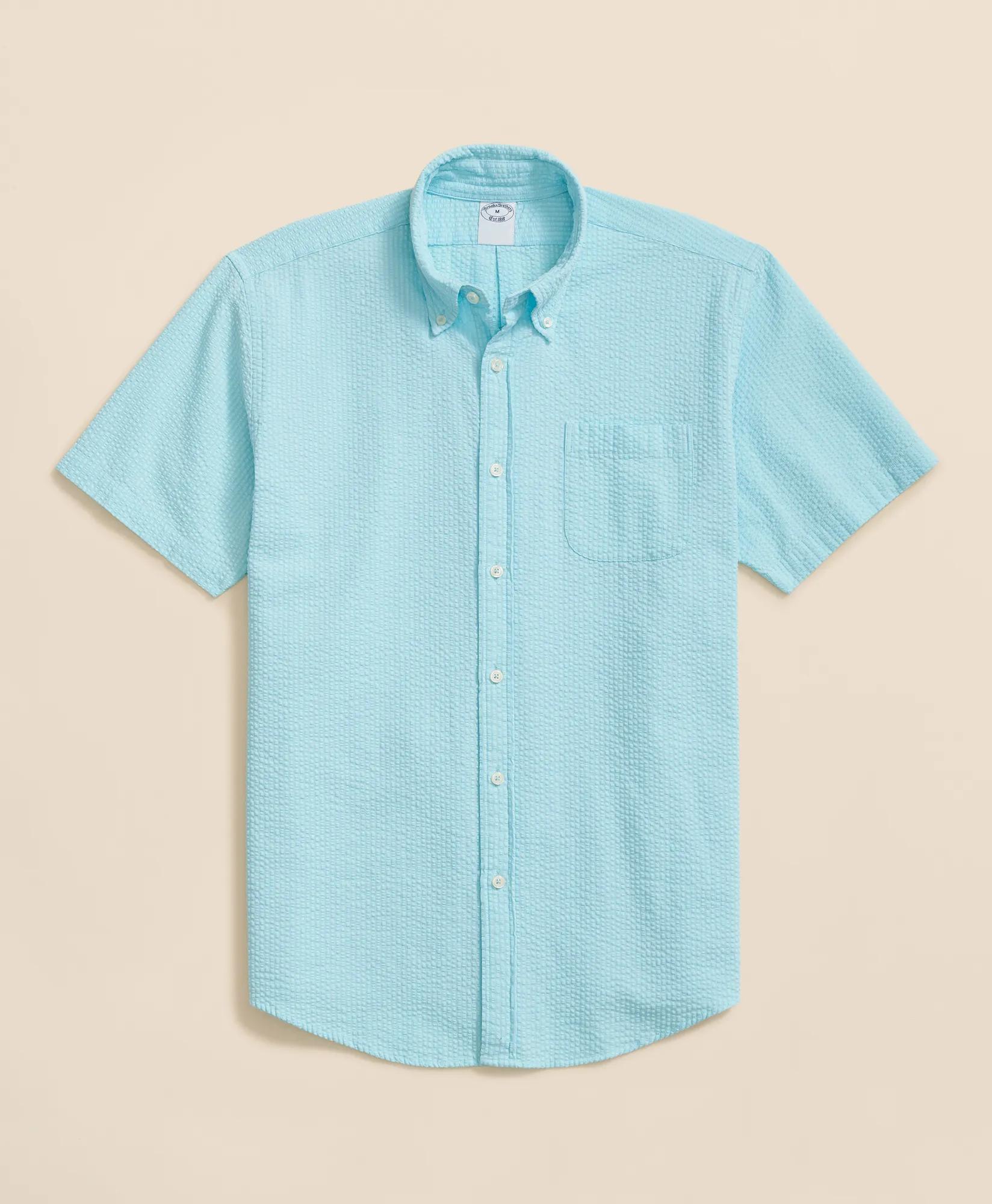 Stretch Cotton Seersucker Button-Down Collar Short-Sleeve Sport Shirt