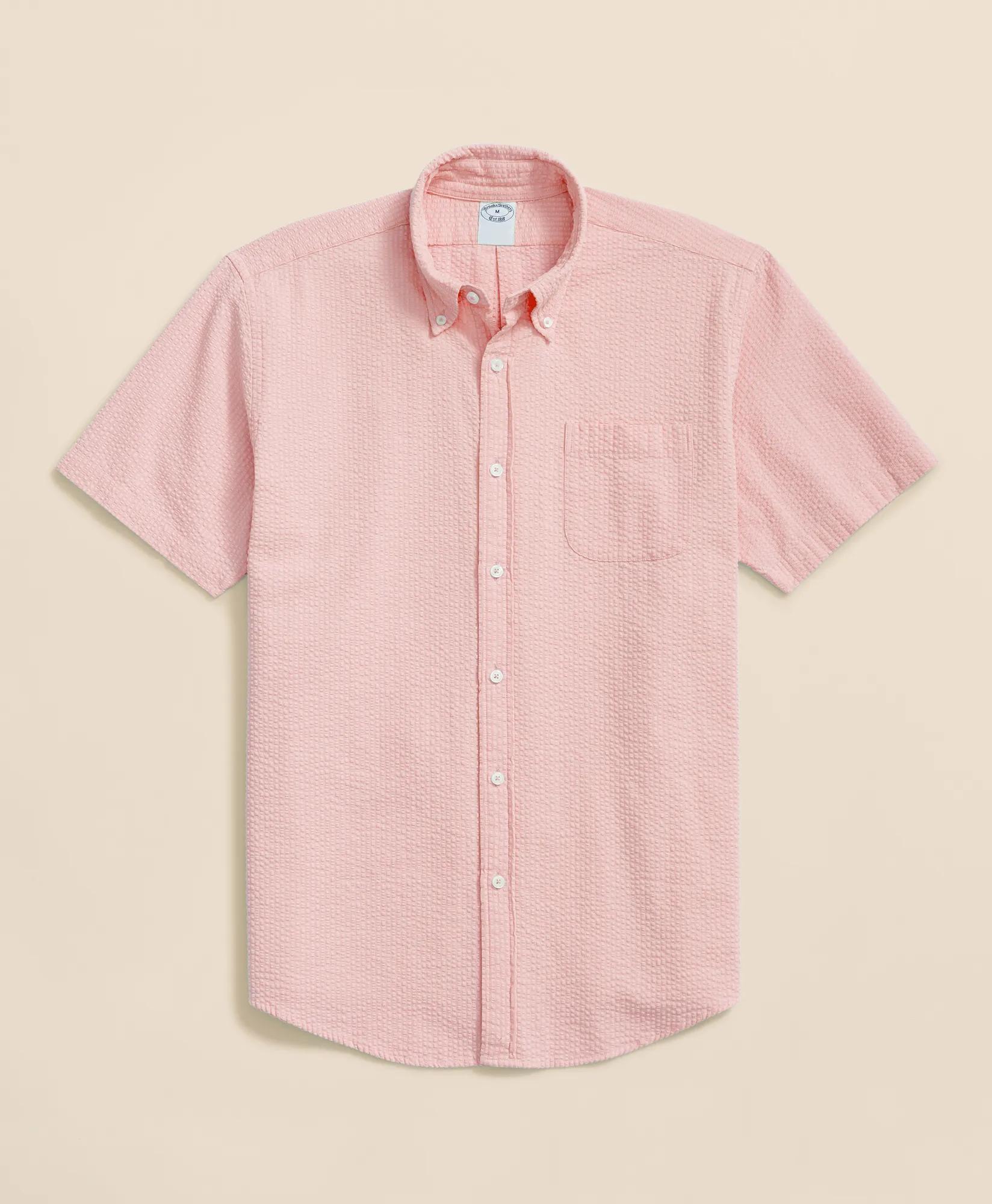 Stretch Cotton Seersucker Button-Down Collar Short-Sleeve Sport Shirt